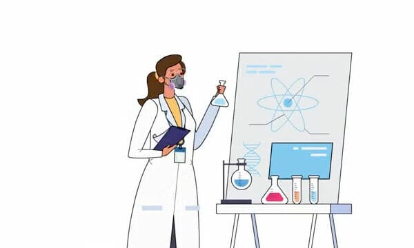 Cartoon scientist with half-mask respirator and proper face fit